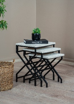 X Ayak 3 Lü Zigon Sehpa Metal Ayaklı Beyaz Traverten Orta Sehpa