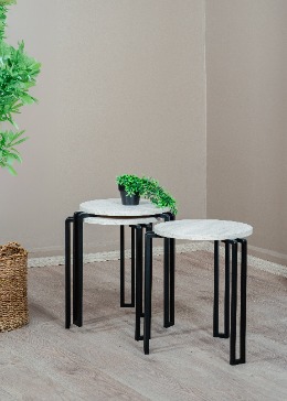 Yuvarlak 3 Kat Zigon Sehpa Dekoratif Metal Ayaklı Beyaz Traverten Orta Sehpa