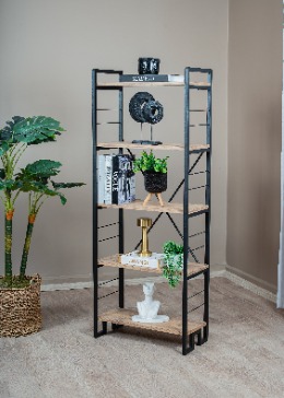 Ahşap Raflı 5 Katlı Kitaplık Metal Gövde Dekoratif Çok Amaçlı Düzenleyici