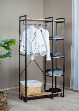 Açık Gardırop Metal Gövdeli Ahşap Raflı Elbise Askılığı Ayakkabılık Portmanto
