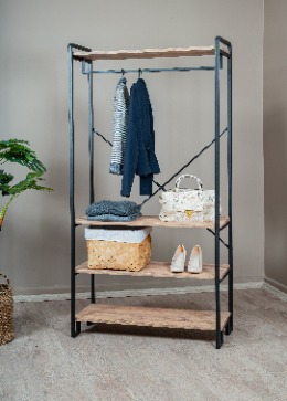 4 Raflı Gardırop Metal Gövdeli 4 Ahşap Raflı Elbise Askılı Ayakkabılık Portmanto